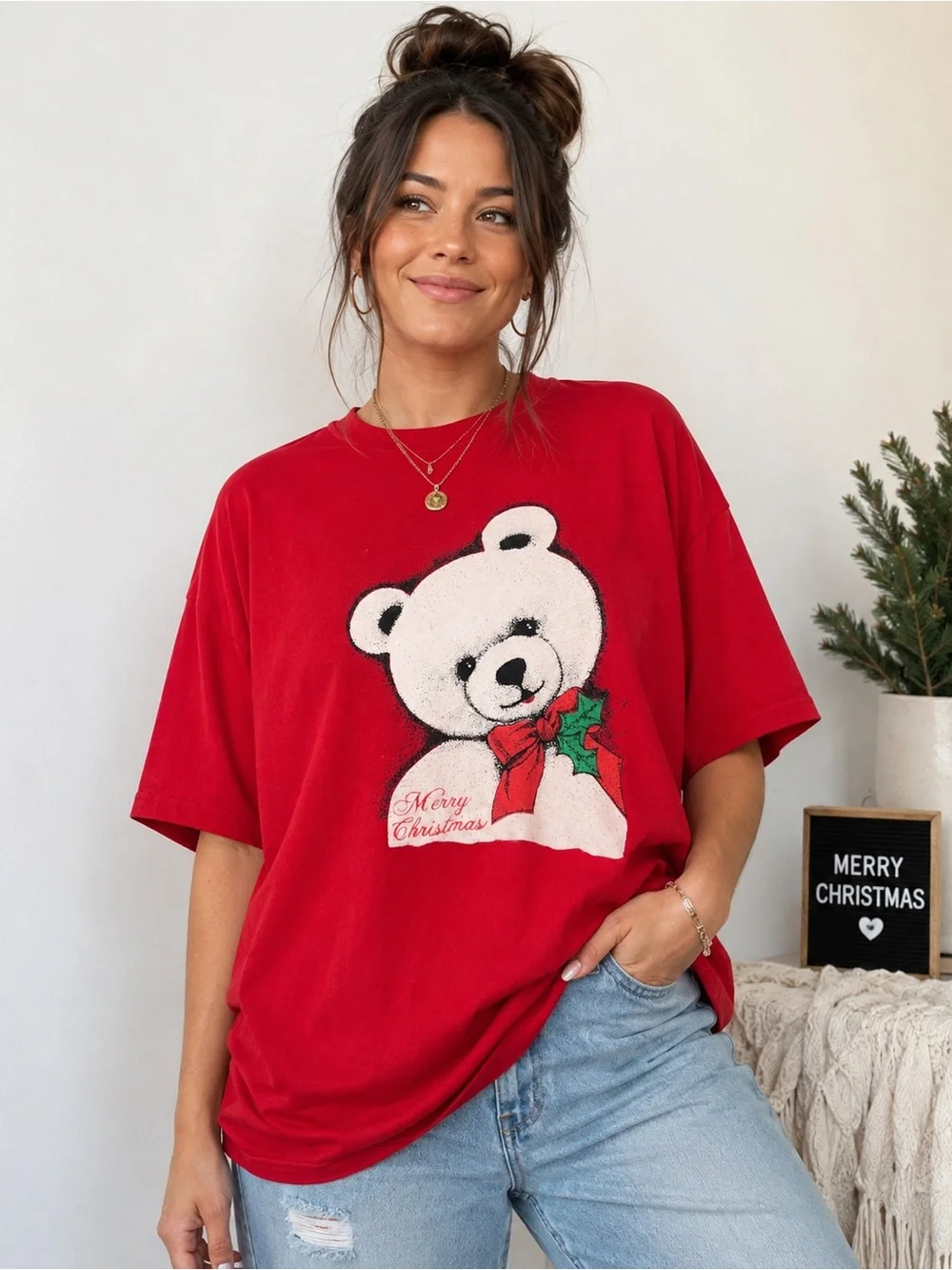 Vintage Hanes Christmas Teddy Bear T Shirt XL Single Stitch USA Made 80s 90s